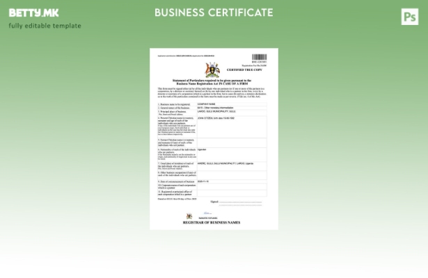 модерен стил Уганда сертификат за регистрација на бизнис име Шаблон Word и PDF, 